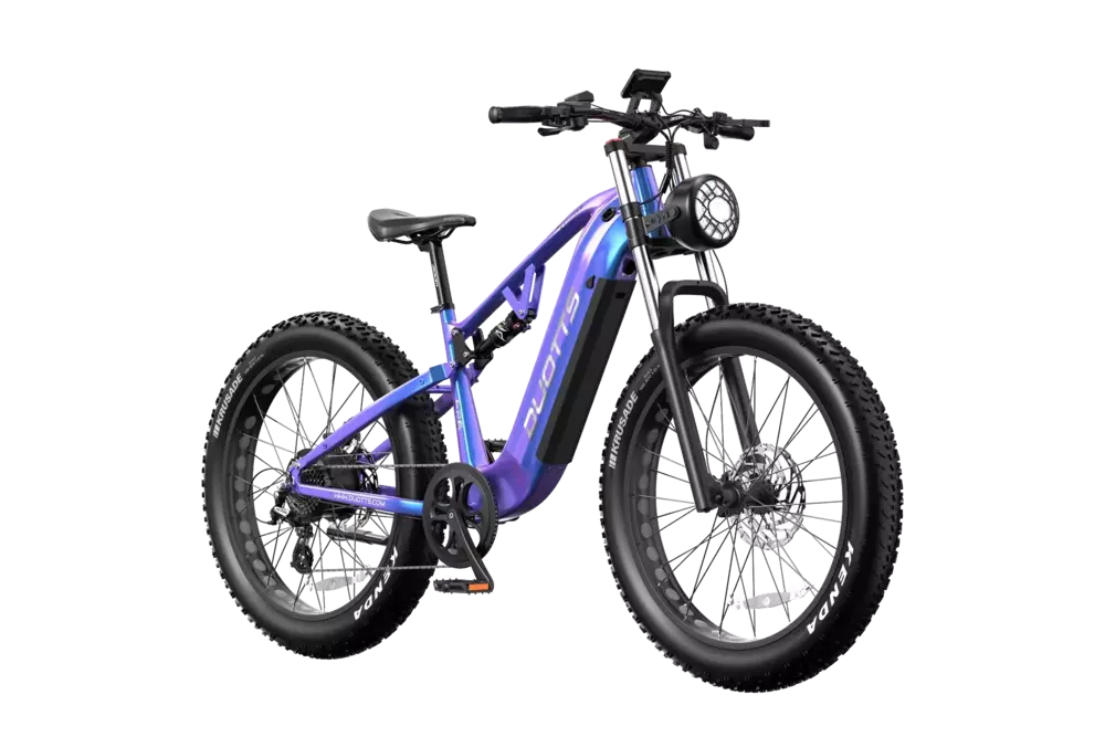 A blue and purple duotts E26 electric bike