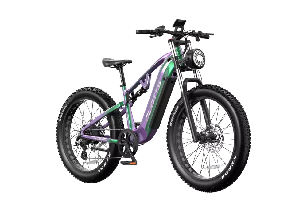 A purple and green duotts E26 electric bike