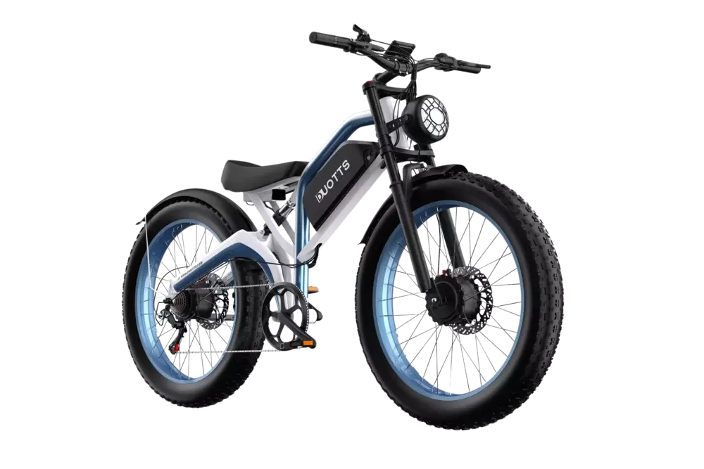 A blue, white and black duotts N26 electric bike