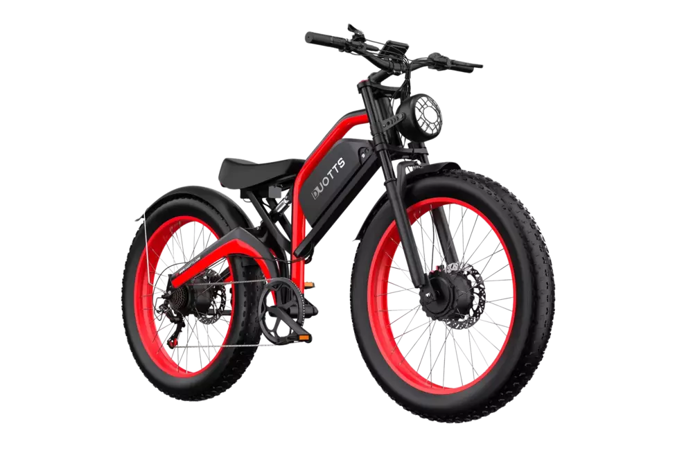 A red and black duotts N26 electric bike